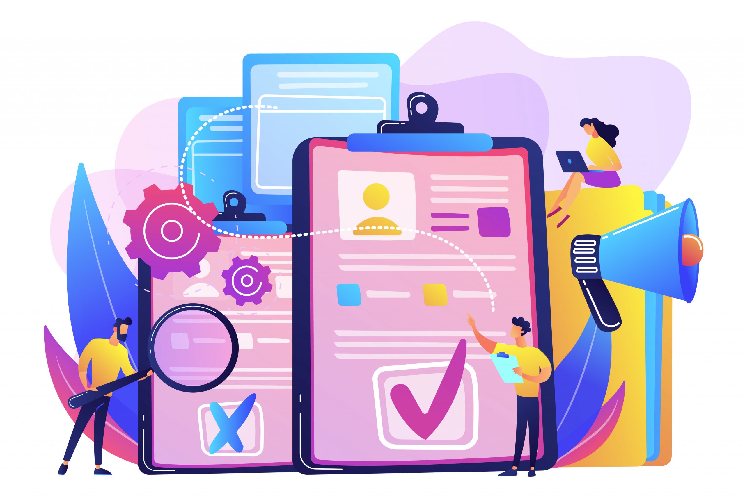 Company hr managers hiring a new employee using resume, magnifier and megaphone. Hiring employee, filling out resume, hiring process concept. Bright vibrant violet vector isolated illustration